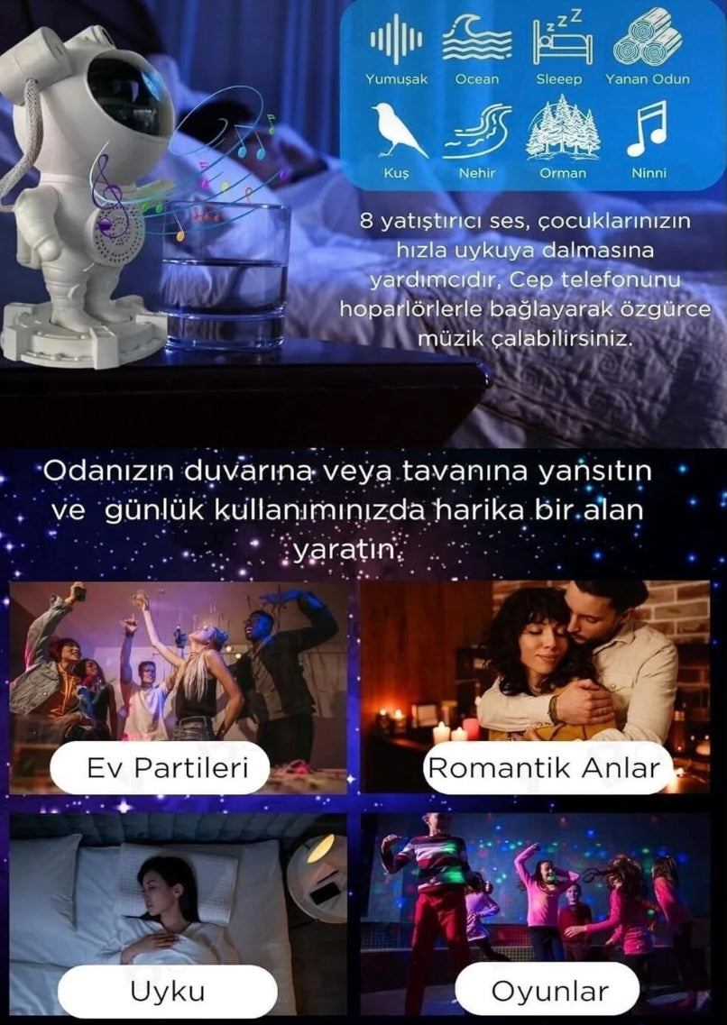 Astronot Görünümlü Bluetooth Hoparlör Ay Yıldız Işıklı Projektör