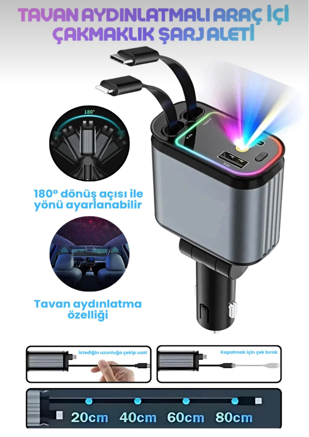 67W Hızlı Şarj Özellikli Araç Şarjı 4 in 1 Type-C Usb Işıklı Çakmaklık