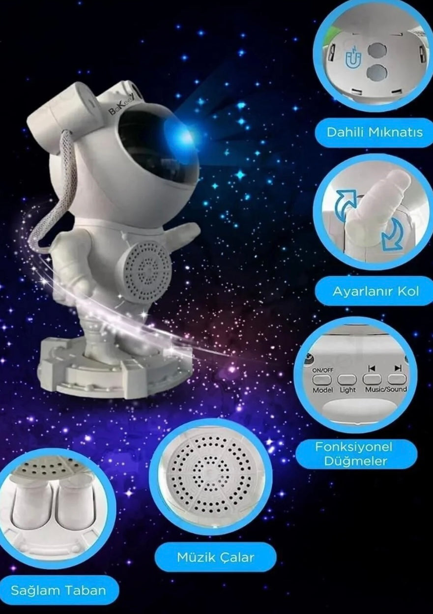 Astronot Görünümlü Bluetooth Hoparlör Ay Yıldız Işıklı Projektör