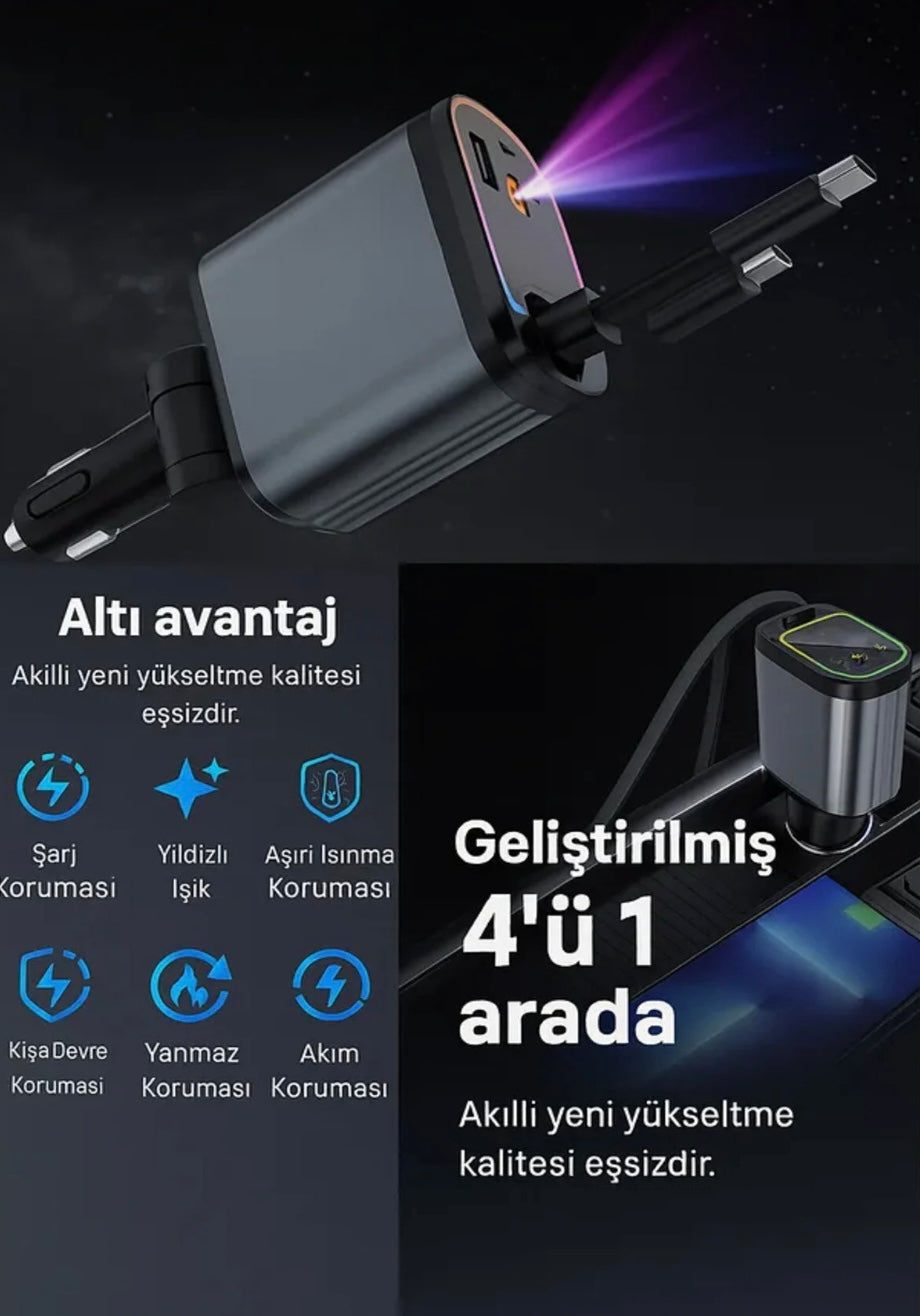 67W Hızlı Şarj Özellikli Araç Şarjı 4 in 1 Type-C Usb Işıklı Çakmaklık