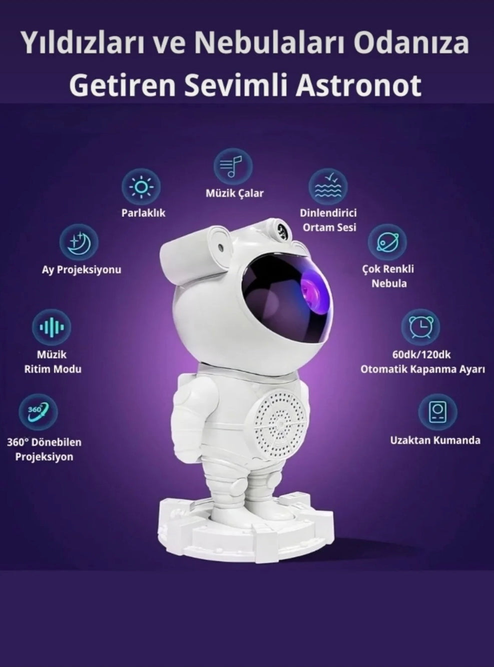 Astronot Görünümlü Bluetooth Hoparlör Ay Yıldız Işıklı Projektör