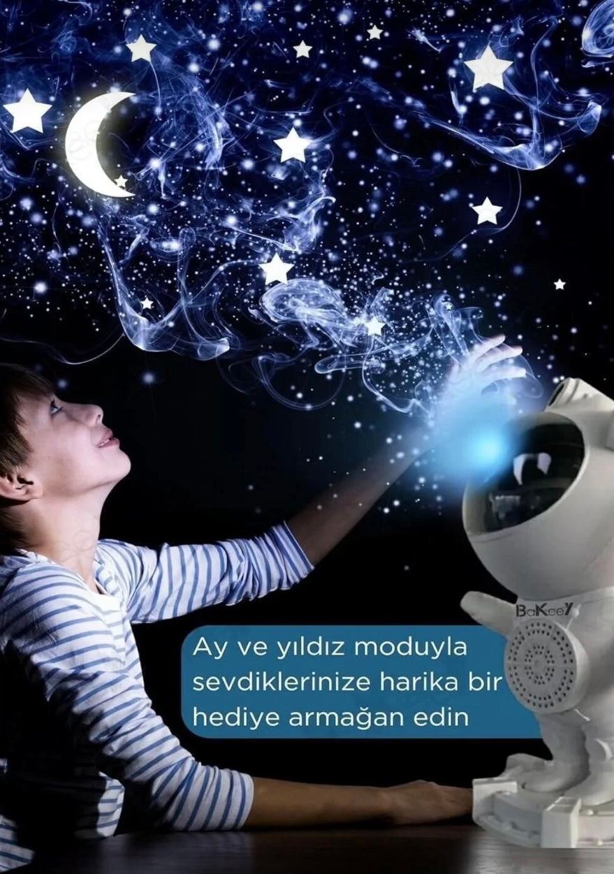 Astronot Görünümlü Bluetooth Hoparlör Ay Yıldız Işıklı Projektör