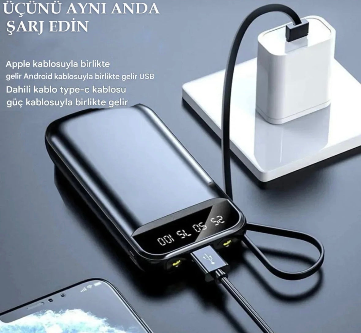 10.000 MAH 3 Kablolu Powerbank Dijital Göstergeli